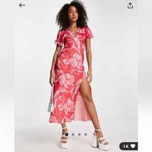 ASOS DESIGN cape sleeve bias midi dress in pink floral print